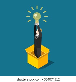 Flat 3d isometric idea research concept web infographics vector illustration. Businessman rising hands to take light bulb lamp. Creative people collection.