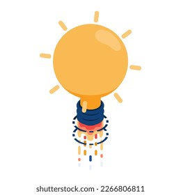 Flat 3d Isometric Idea Rocket Launch. Business Idea and Startup Concept.