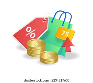 Ilustración isométrica plana 3d concepto de descuento por devolución de efectivo al comprar en línea