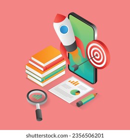 Flat 3d isometric illustration concept of educational online technology target