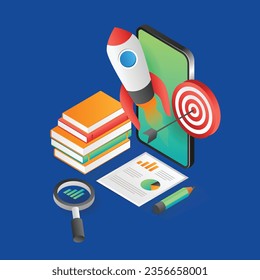 Flat 3d isometric illustration concept of educational online technology target