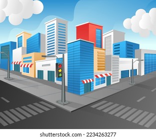 Flat 3d isometric illustration perspective concept of city street building view