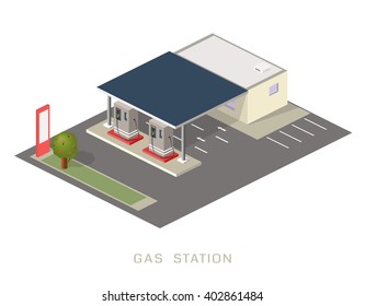 Flat 3d Isometric illustration, vector graphics of gas petroleum petrol refill station building block infographic concept. Build your own infographics world collection.