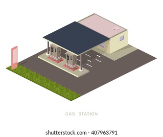 Flat 3d Isometric illustration, vector graphics of gas petroleum petrol refill station building block infographic concept. Build your own infographics world collection.