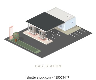 Flat 3d Isometric illustration, vector graphics of gas petroleum petrol refill station building block infographic concept. Build your own infographics world collection.