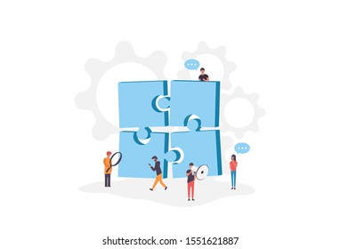 Flat 3d isometric infographic concept of teamwork, collaboration, workforce, winning staff web concept vector template. Puzzle pieces with groups of business people. Corporate structure.