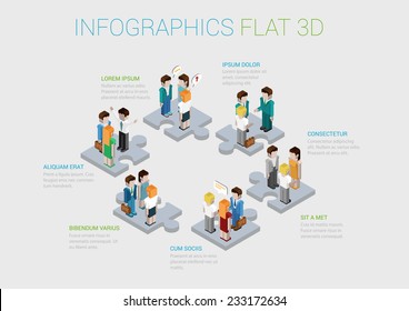 Flat 3d Isometric Infographic Concept Of Teamwork, Collaboration, Workforce, Winning Staff Web Concept Vector Template. Puzzle Pieces With Groups Of Business People. Corporate Structure.