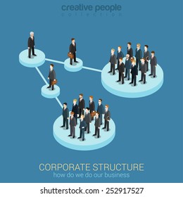 Flat 3d Isometric Infographic Concept Of Company Corporate Department Team Diagram Structure Web Concept Vector Template. Connected Platform Pedestals Groups Of Business People. Organization Chart.