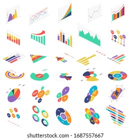 Flat 3d isometric infographic elements icons graph charts set for finance business presentation. Data statistics diagrams infographics vector illustration