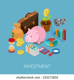 Flat 3d isometric investment, capitalization, money savings, finance web infographic concept vector. Piggy bank, coin flower plant, money bag, sand clock, cogwheel, chart graphic report, briefcase.