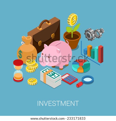 Flat 3d isometric investment, capitalization, money savings, finance web infographic concept vector. Piggy bank, coin flower plant, money bag, sand clock, cogwheel, chart graphic report, briefcase.