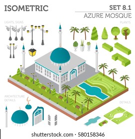 Flat 3d isometric islamic  mosque and city map constructor elements such as building, minaret, garden isolated on white. Build your own infographic collection. Vector illustration
