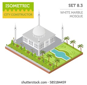 Flat 3d isometric islamic  mosque and city map constructor elements such as building, minaret, garden isolated on white. Build your own infographic collection. Vector illustration