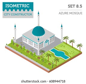 Flat 3d isometric islamic  mosque and city map constructor elements such as building, minaret, garden isolated on white. Build your own infographic collection. Vector illustration