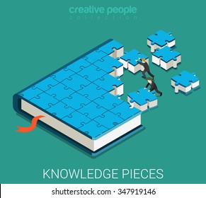 Flat 3d isometric isometry education web infographics concept. Businessmans making big book of puzzle pieces. Creative people collection.