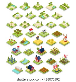 Flat 3d Isometric Isometry Set Countryside Infographics Farm Building Object Tool Equipment. 