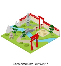 Flat 3d isometric Japanese garden city building block concept web infographics vector illustration. Bonsai stone river bridge gate.