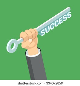 Flat 3d isometric key to success in business concept web infographics vector illustration. Big male hand hold key with success word. Creative people collection.