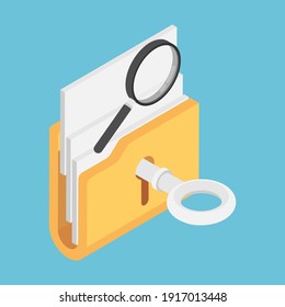 Flat 3d Isometric Key Unlock Folder with Magnifying Glass on Top. Open Data Concept.