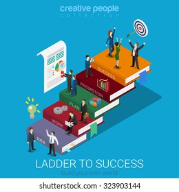 Flat 3d isometric ladder to success web infographics concept. Businessmen on big book step way idea work plan promotion success. Creative people collection.