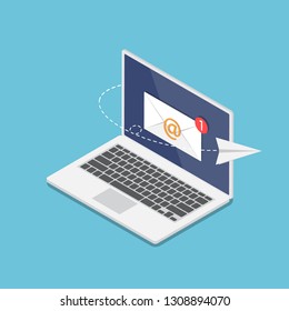 Flat 3d isometric laptop with new email notification on monitor and flying paper airplane. Email marketing and online communication concept.