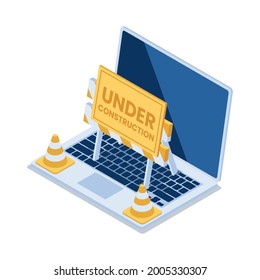 Flat 3d Isometric Laptop with Under Construction Barrier and Traffic Cones. Website Under Maintenance Concept.