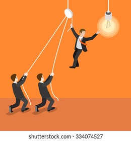 Flat 3d isometric leadership leader teamwork concept web infographics vector illustration. Two businessman holding one who changes the light bulb lamp. Creative people collection.