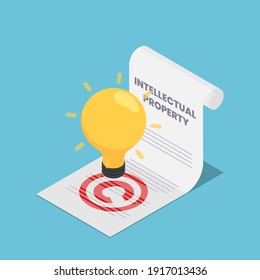 Flat 3d Isometric Light Bulb on Intellectual Property Document. Intellectual Property and Copyrights Concept