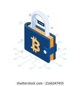 Flat 3d Isometric Locked Bitcoin Wallet. Cryptocurrency Hardware Wallet and Blockchain Technology Concept.