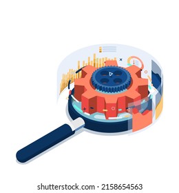 Vidrio de aumento isométrico plano 3d con engranajes y grafo. Concepto de análisis de negocio.
