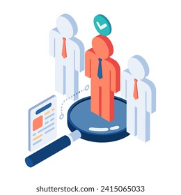 Flat 3d Isometric Magnifying Glass Choosing Businessman Icon. Job Recruitment and Hiring Concept.