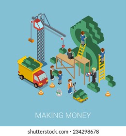 Flat 3d isometric making money web infographic concept vector. Crane and people making big $ USD dollar sign. People constructing manager boss foreman pallet. Business, commerce, money-making concept.