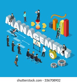 Flat 3d isometric management concept web infographics vector illustration. Micro businessmen group big management word key indicator graphic corporate meeting whiteboard. Creative people collection.