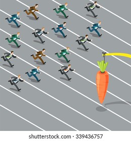 Flat 3d isometric massive lure mass insanity herd instinct social engineering business concept web infographics vector illustration. Businessmen crowd running catch carrot. Creative people collection.