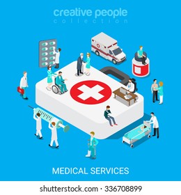 Flat 3d isometric medical services doctor nurse first aid concept web infographics vector illustration. Big case micro hospital staff pill syringe evacuation ambulance icon. Creative people collection