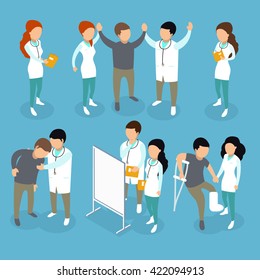 Flat 3d isometric medical services doctor nurse first aid kit concept vector illustration