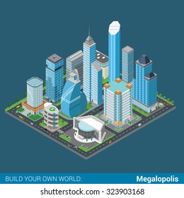 Flat 3d isometric megalopolis business city center building block infographic concept. Skyscrapers mall municipal office parking concert hall. Build your own infographics world collection