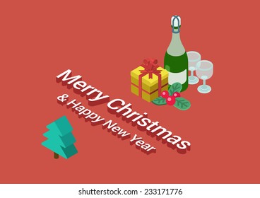 Plana 3d isométrica Feliz Navidad y Feliz Año Nuevo concepto de vectores de infografía web. Botella de champán, gafas, arándanos, caja de regalo, ilustración de postales de árbol de abeto.