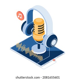 Flat 3d Isometric Microphone and Headphone on Digital Tablet. Podcast Concept.