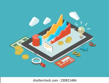 Flat 3d Isometric Mobile Application, Business Analytics, Finance Analysis App, Sales Statistics, Monetary Concept Infographic Vector. Collage Icons: Chart Graphs, Tablet, Coins, Credit Card, Dollar.