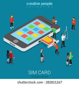 Flat 3d isometric mobile carrier SIM card insert process concept. Micro people stick nano SIM into smartphone. Connectivity generation concept. Build creative people world constructor collection.