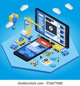 Flat 3d isometric mobile design web infographic concept vector. Crane people creating interface on phone tablet.