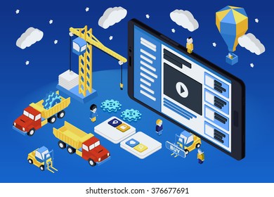 Flat 3d isometric mobile design web infographic concept vector. Crane people creating interface on phone tablet.