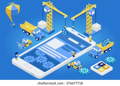 Flat 3d isometric mobile design web infographic concept vector. Crane people creating interface on phone tablet.