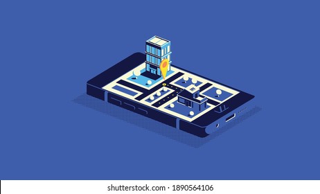 Flat 3d isometrische mobile GPS Navigationskarten Infografik Konzept Illustration. Smartphone mit digitaler Papierkarte mit Marker. Bürogebäude
