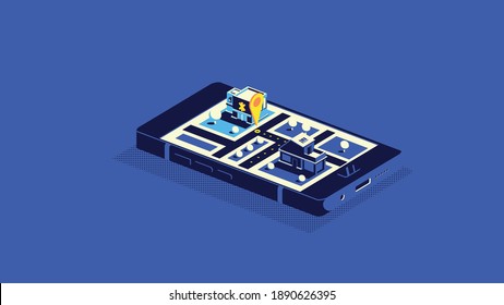 Flat 3d isometric mobile GPS navigation maps infographic concept illustration. Smartphone with digital paper map with marker. Hospital and house buildings