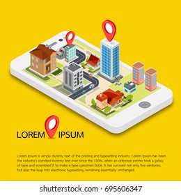 Flat 3d isometric mobile GPS navigation maps vector.  search magnifier glass, world silhouette pin.