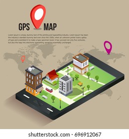 Flat 3d isometric mobile GPS navigation maps vector.  search magnifier glass, world silhouette pin.
