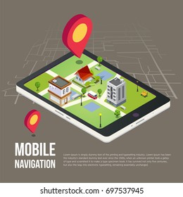 Flat 3d isometric mobile GPS navigation maps vector.  search magnifier glass, world silhouette pin.