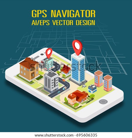 Flat 3d isometric mobile GPS navigation maps vector.  search magnifier glass, world silhouette pin.